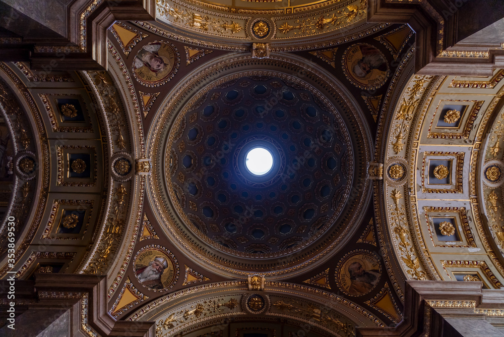Budapest, Hungary - Feb 8, 2020: Upward view of cupola with skylight in Stephen's Basilica