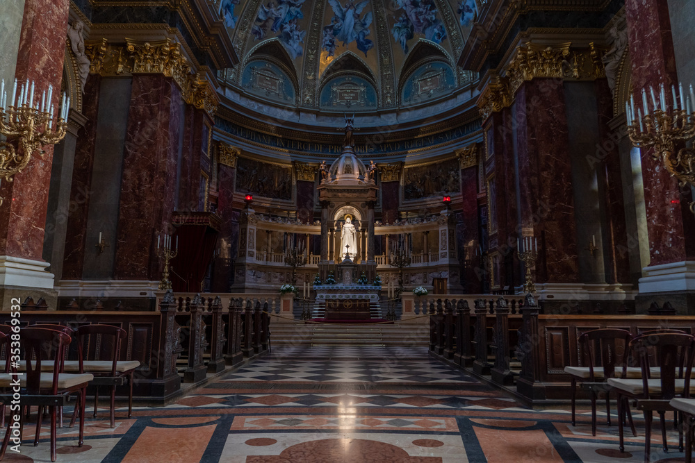 Budapest, Hungary - Feb 8, 2020: Ultrawide view of sanctuary  nave hall in St. Stephen's Basilica