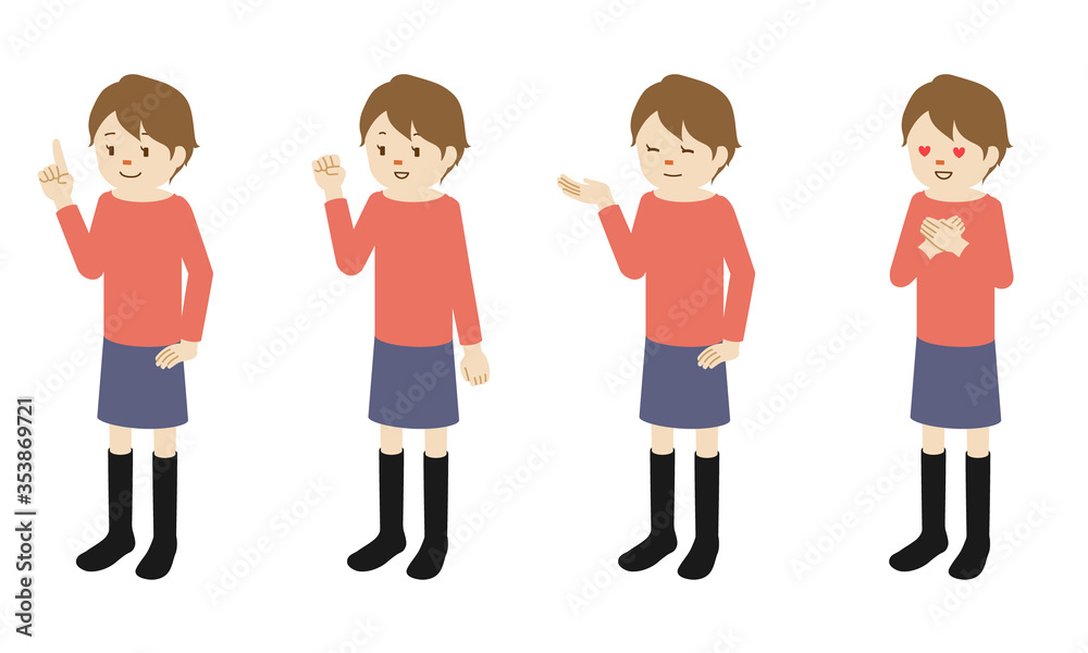 Illustration set of 4 poses of female character standing