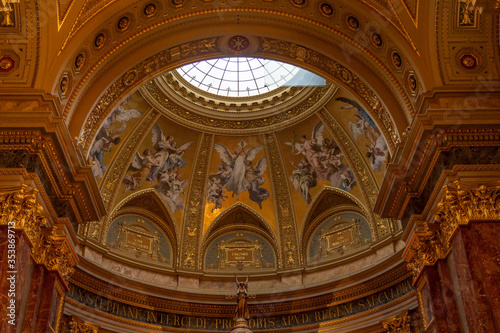 Budapest, Hungary - Feb 8, 2020: Cupola dome interior inside St. Stephen's Basilica