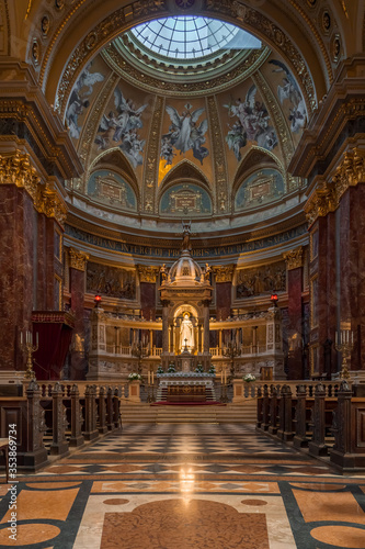 Budapest, Hungary - Feb 8, 2020: Ultrawide view of sanctuary nave hall in St. Stephen's Basilica