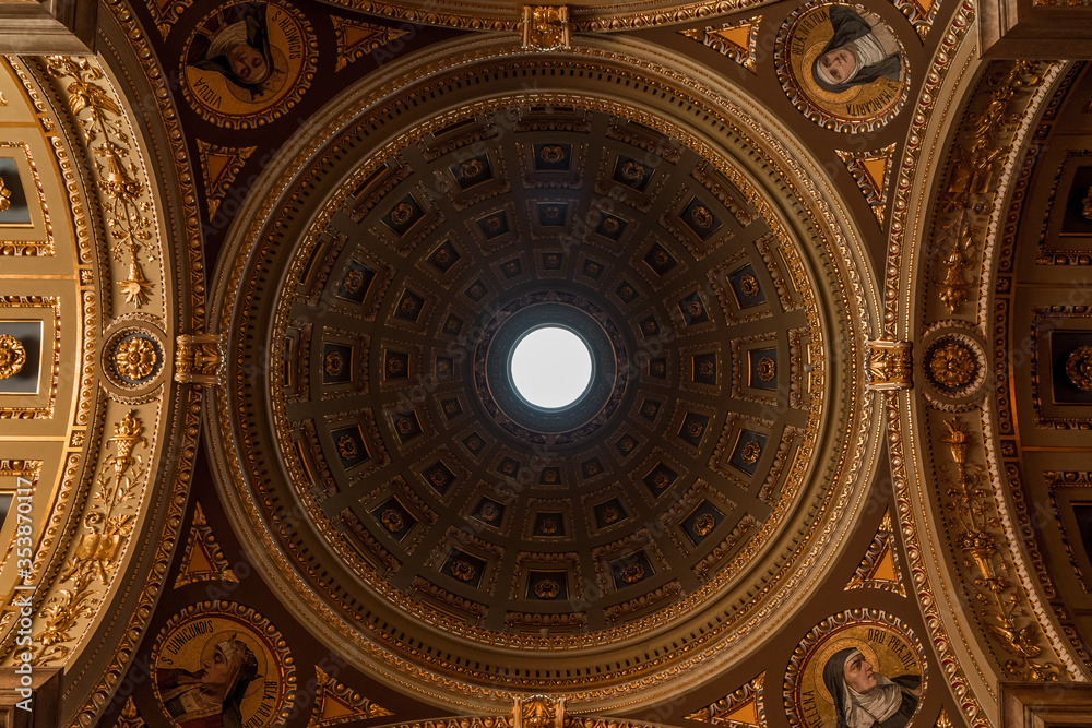 Budapest, Hungary - Feb 8, 2020: Golden cupola skylight  of dome of St. Stephen Basilica