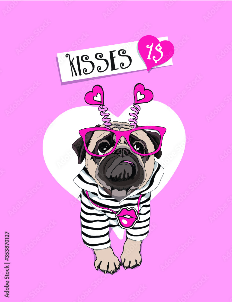 Card of a Valentine's Day. Pug Dog in a striped cardigan, in a fun headband and in a pink glasses. Vector illustration.