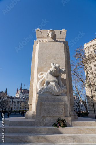 Budapest, Hungary - Feb 8, 2020: Limestone  Monument to the National Martyrs on Martyrs Square near Kossuth square photo