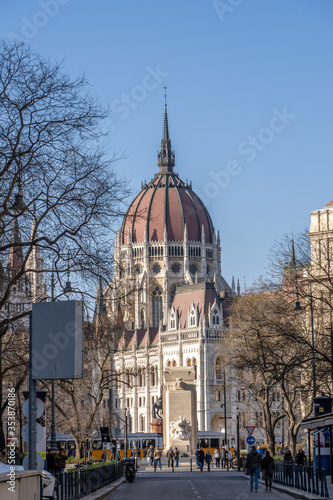 Budapest, Hungary - Feb 8, 2020: Parliament dome view with photo