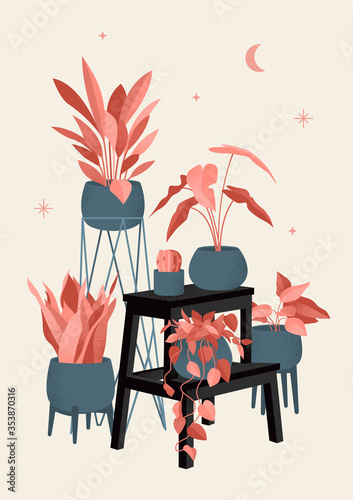 Retro poster with home plants. Creates comfort and decorates the interior. Vector illustration with the addition of noise in vintage style.