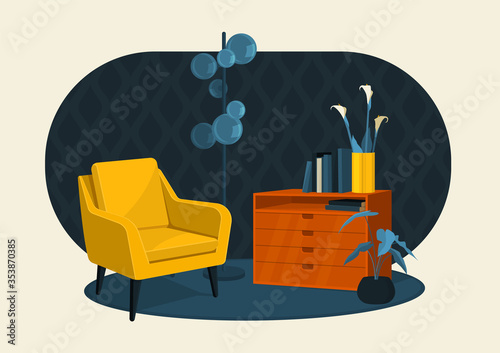 Scandinavian style interior flat vector colorful illustration fragment. Armchair, chest of drawers with a vase of lilies and books, a lamp floor lamp in retro style. 