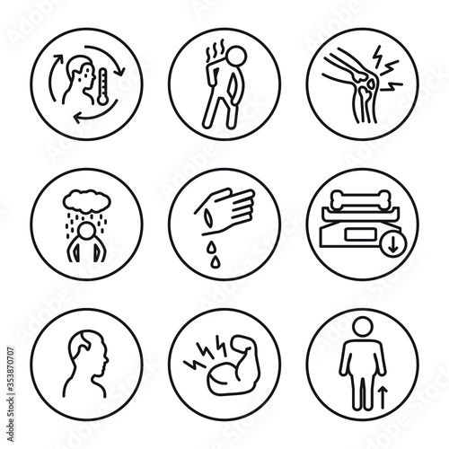 Vitamin D deficiency symptoms thin line icon set. Vector.