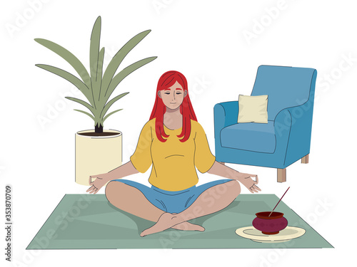 Modern flat illustration in cartoon style with young female character  sitting cross legged, meditaing and relaxing at home. Harmony,  breathing and yoga design concept for poster or banner.  