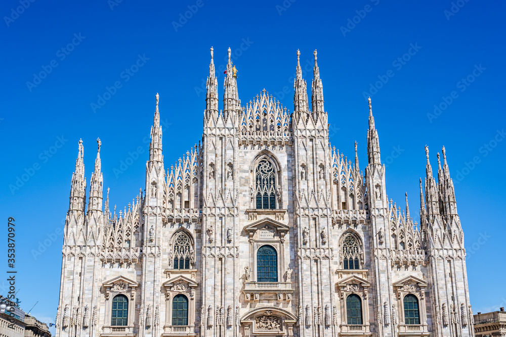 Sculptures and carvigs on the facade of the Cathedral of Milan, Lombardy, Italy