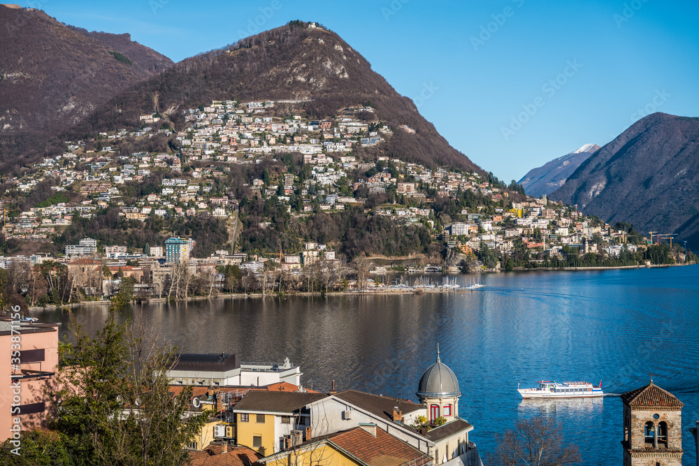 City of Lugano on the Lake Lugano, gorgeous views on the promenade of Lugano in the canton of Ticino (Switzerland)