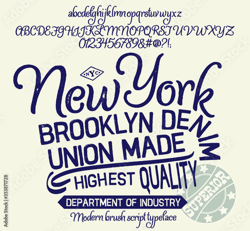 Vintage brush script lettering font. Handwritten calligraphic alphabet for t-shirt or apparel. Textured unique brush in alphabet style.Old school vector graphic for fashion and printing.