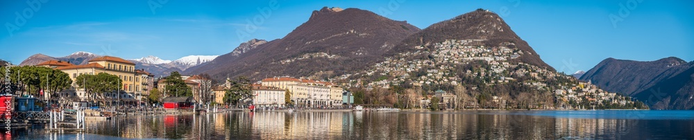 City of Lugano on the Lake Lugano, gorgeous views on the promenade of Lugano in the canton of Ticino (Switzerland)