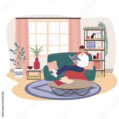 Modern flat illustration vector. Beautiful cartoon man staying at home and reading a book. Home quarantine. Stay at home concept.
