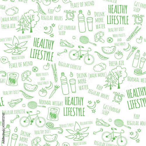 Healthy lifestyle seamless vector doodle pattern