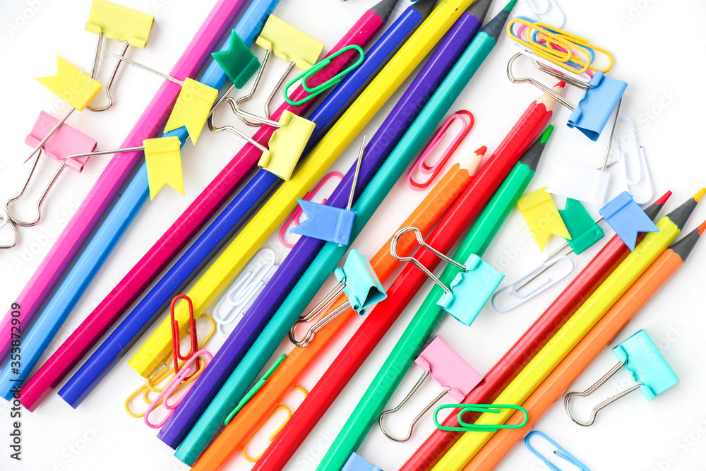A set of stationery: paper clips, pencils, paper clips, push pins flags. Back to school. Educations. 
