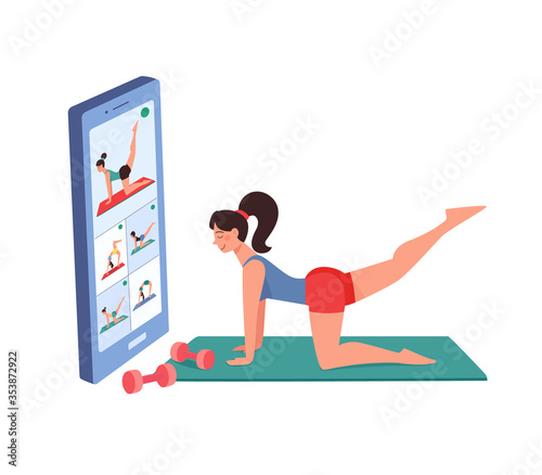 The girl goes in for sports at home via video conference on the mobile. Workouts online, fitness using gadgets, vector. The woman does gymnastics, training, shakes the muscles of the legs. Isolated