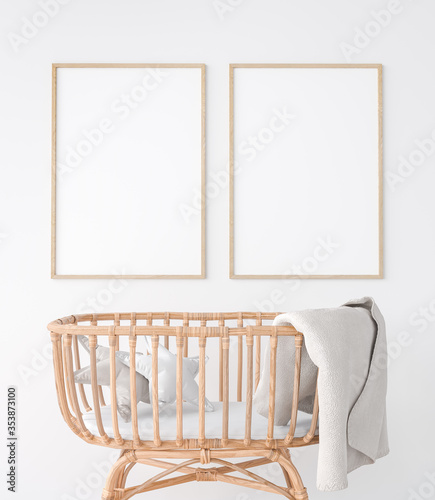 Fototapeta Naklejka Na Ścianę i Meble -  Interior of the child room sleeping place for newborn. Closeup trendy wooden crib  3d illustration. Mock up frame