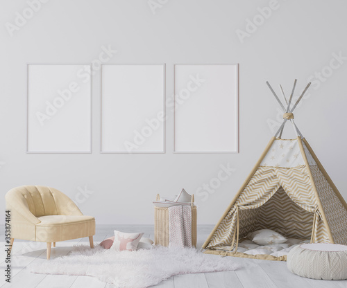 Tableau sur toile Mock up frame in children's playroom with  tent, armchair, rattan basket and star shape carpet in bright Scandinavian interior