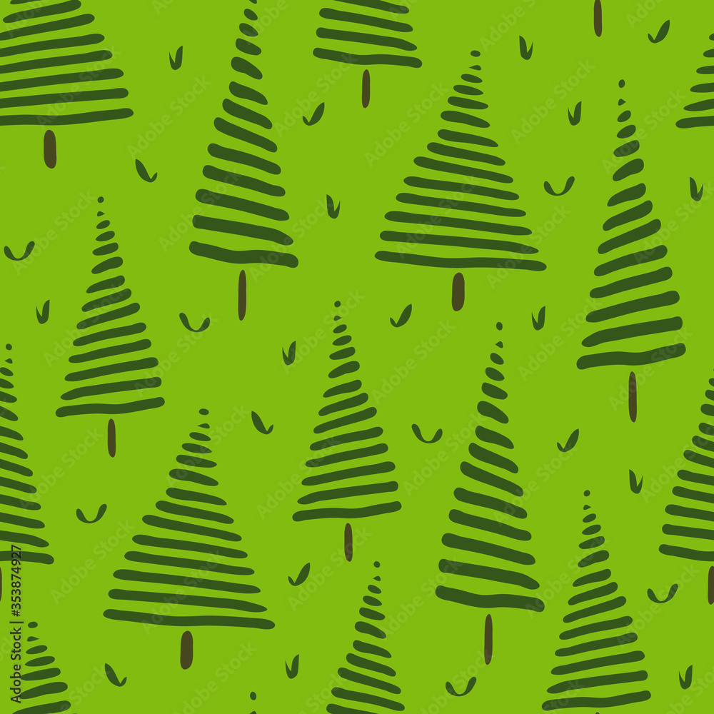 Fototapeta premium Seamless vector pattern with hand drawn trees on green background. Simple forest wallpaper design with abstract spruce trees. Natural fabric fashion texture.