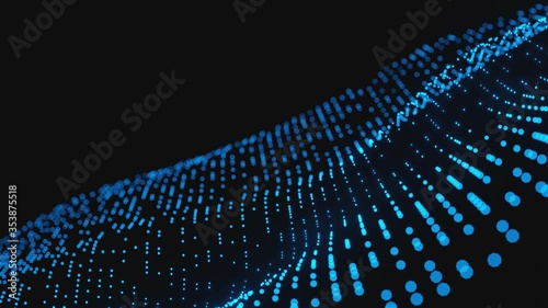 Blue futuristic wave particle stream Data Communication flying into digital technologic animation 3D rendering.