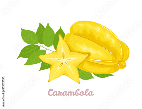 Whole star fruit, half and green leaf Isolated on a white background. Vector illustration of yellow carambola in cartoon flat style.