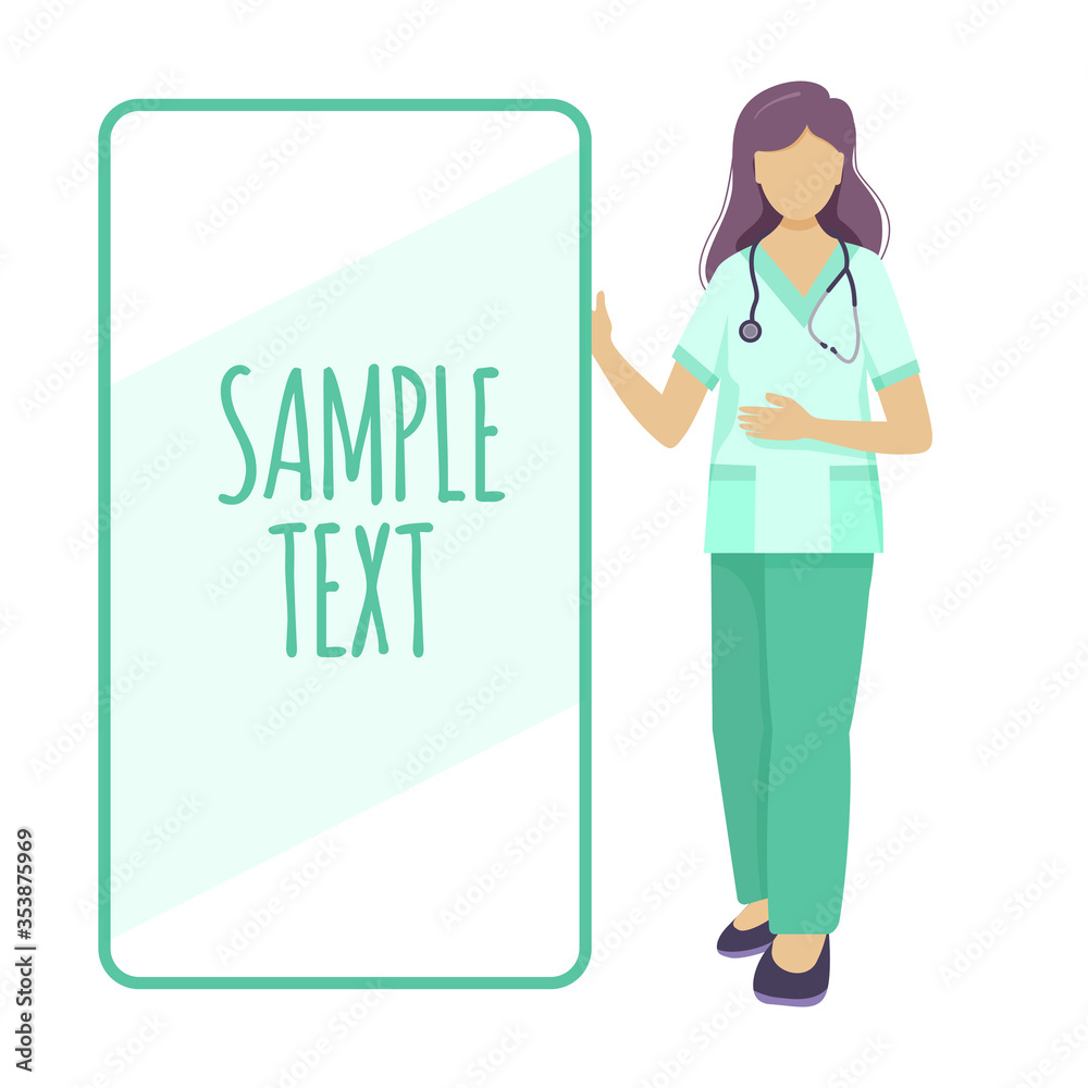 Girl doctor, nurse, in a medical suit. Points to a poster that has space left for your text. Vector image isolated on a white background.