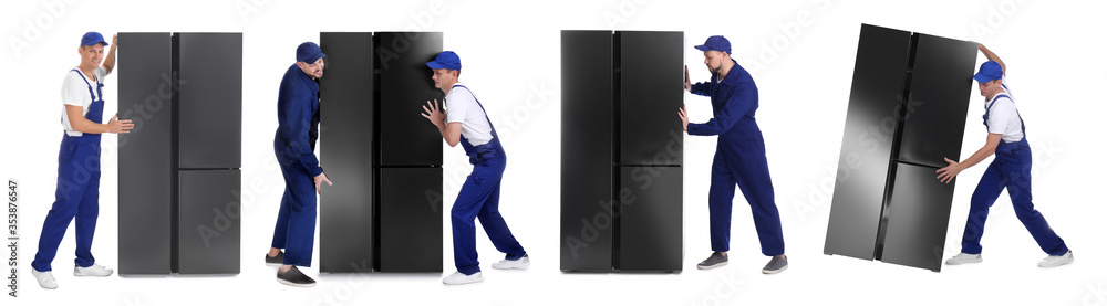 Collage of workers carrying refrigerators on white background. Banner design