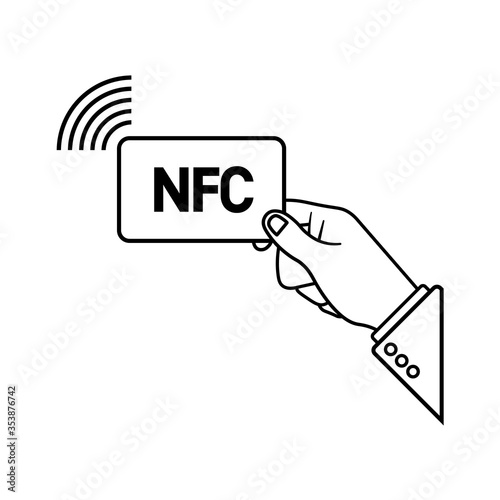 Hand holding credit card NFC. Payment icon via NFC technology. Contactless card payment systems. Vector on isolated white background. EPS 10