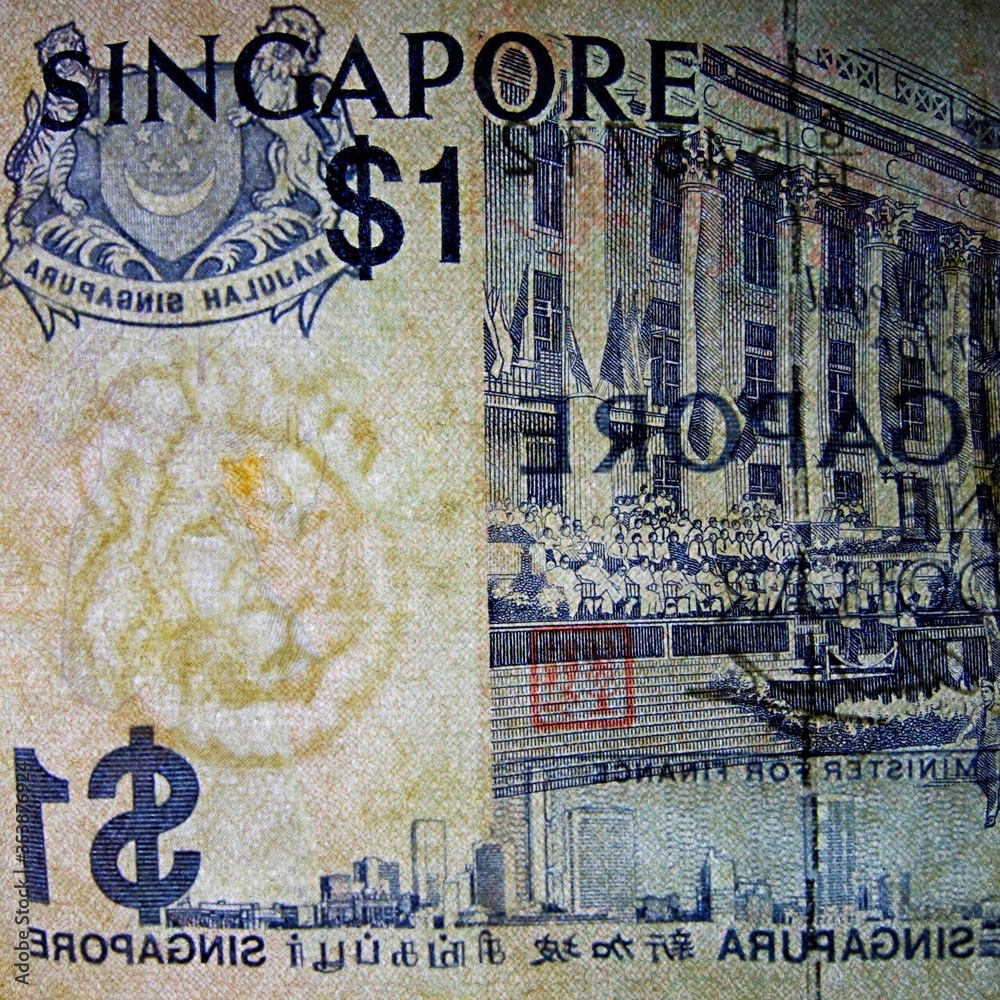 Obraz premium Macro photo of a Singapore one dollar bill (back side). Featuring a lion watermark and blue ink govt building. This series of bills was discontinued in 1987.