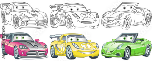 Cartoon cars. Coloring pages for kids. Colorful clipart characters. Childish designs for t shirt print, icon, logo, label, patch or sticker. Vector illustration.