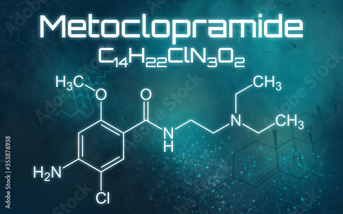 Chemical formula of Metoclopramide on a futuristic background