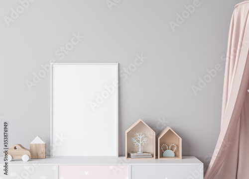 Mock up poster in kids bedroom interior background, Scandinavian style