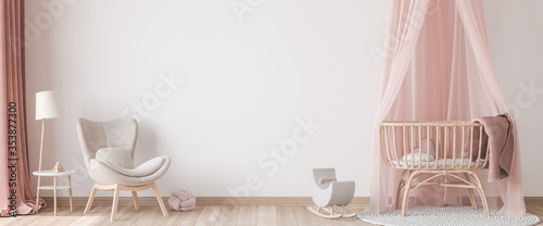 Foto Panoramic interior for baby's room Scandinavian style, rattan crib with pink canopy, beige armchair and wooden toys on empty bright background
