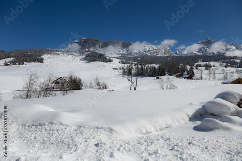 Beautiful Day in the Mountains with Snow-covered Fir Trees and a Snowy Mountain Panorama