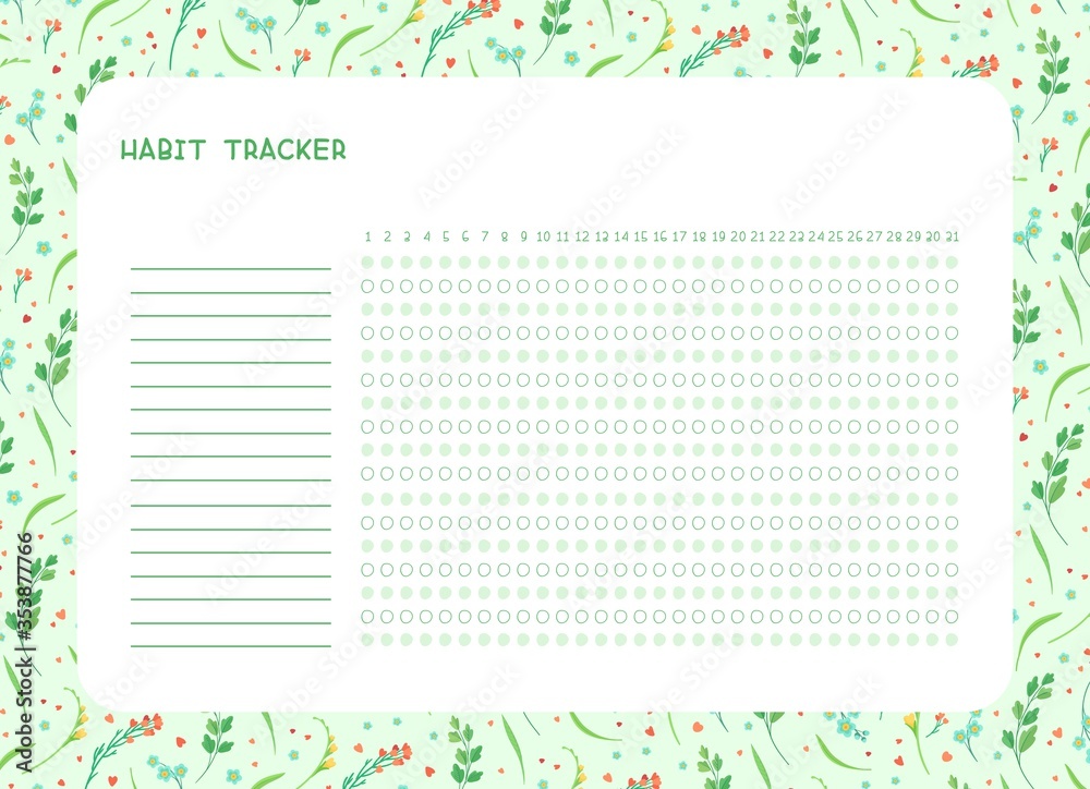 Habit tracker for month flat vector template. .Spring wild flowers themed blank, personal organizer with decorative frame. Summer season floral border with stylized lettering Habit tracker for month flat vector template. .Spring wild flowers themed blank, personal organizer with decorative frame. Summer season floral border with stylized lettering