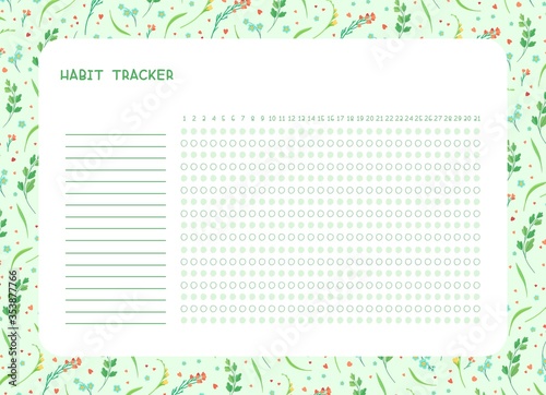 Habit tracker for month flat vector template. .Spring wild flowers themed blank, personal organizer with decorative frame. Summer season floral border with stylized lettering