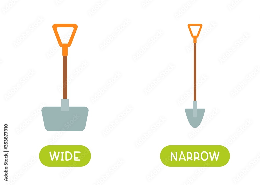 Antonyms concept, WIDE and NARROW. Educational flash card with shovels