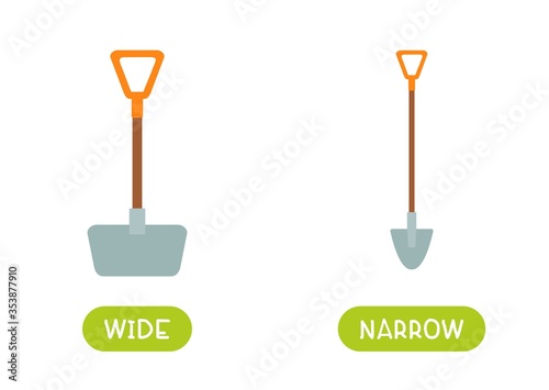 Antonyms concept, WIDE and NARROW. Educational flash card with shovels of different widths template. Word card for english language learning with opposites. Flat vector illustration with typography