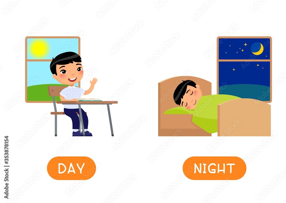 DAY and NIGHT antonyms word card vector template. Flashcard for english
