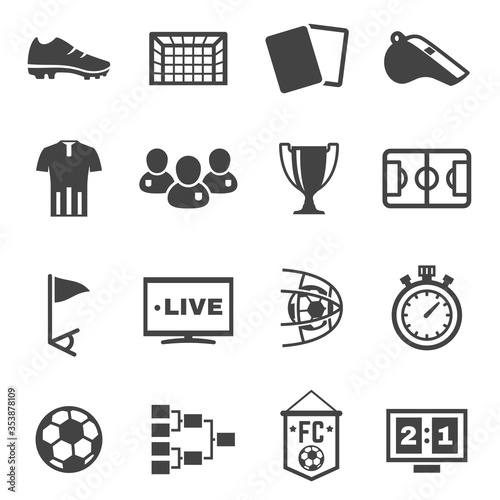 Soccer, football black icons set isolated on white. Scoreboard, net, sport, stadium, game pictograms.