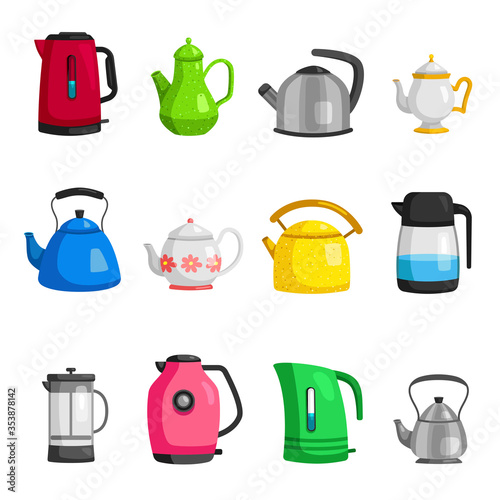 Kettles, teapots, jugs, pitchers, carafe flat set. Teakettles classic and modern.