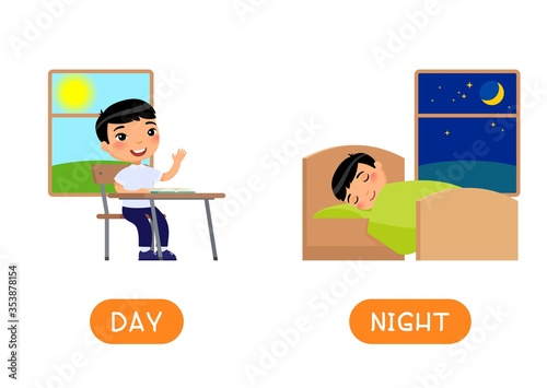 DAY and NIGHT antonyms word card vector template. Flashcard for english language learning. Opposites concept. Little asian boy sitting at school desk, child sleeps in bed. Illustration with typography