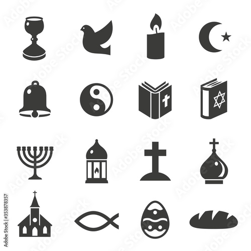 World religious symbols black icons set isolated on white. Christianity, islam, judaism, taoism.