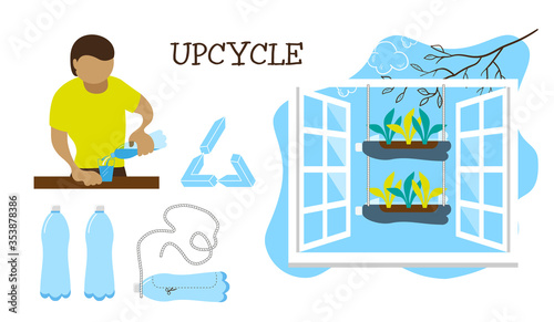 Upcycle. From a plastic bottle to make a mini garden. A man drinks water and plants plants in an empty bottle. Vector isolated on a white background.