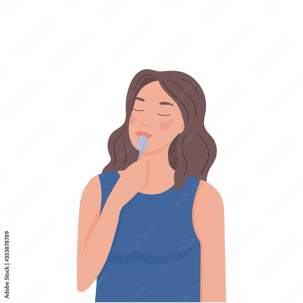 Pretty girl with a spoon on her lips. A young woman shows how she eats or thinks about food. Flat cartoon vector illustration.