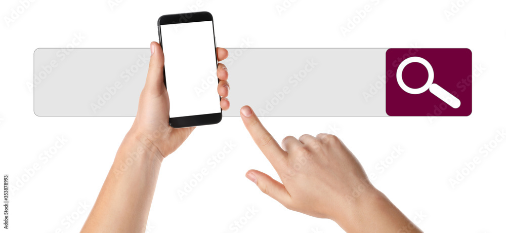 Obraz premium Search bar of internet browser and man using smartphone, closeup. Space for text