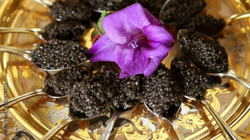 black caviar in silver spoons and lilac gladiolus slow motion close up