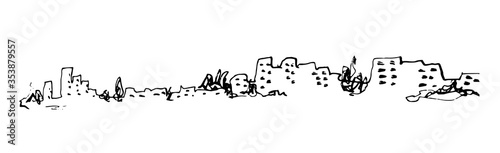 Horizontal landscape ink sketch. City view hand drawing