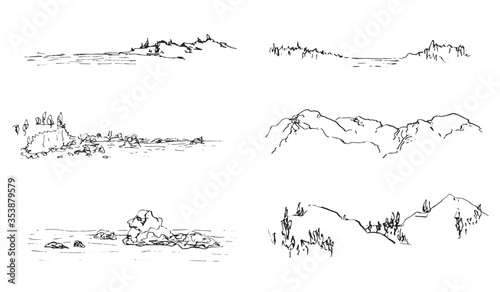 Landscape ink sketch set. Wild nature, shore, mountain horizontal illustrations.